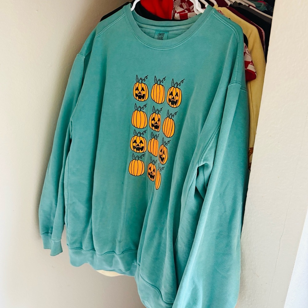 Pumpkin Graphic Teal Sweater